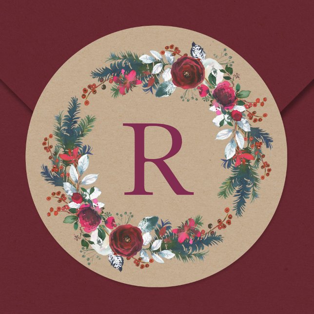 Holiday Floral Christmas Wreath Monogram Classic Round Sticker (Creator Uploaded)