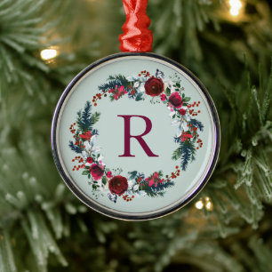 Holiday Floral Christmas Wreath Monogram Metal Ornament