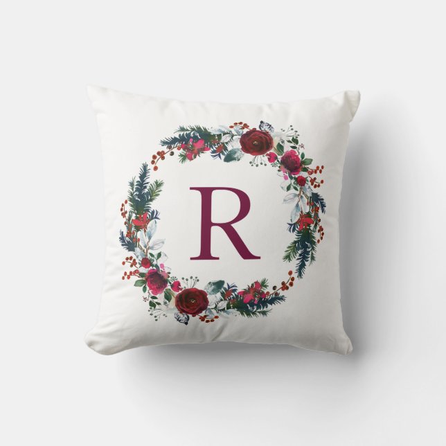 Holiday Floral Christmas Wreath Monogram Throw Pillow (Front)