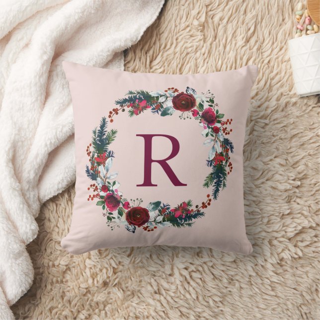 Holiday Floral Christmas Wreath Monogram Throw Pillow (Blanket)