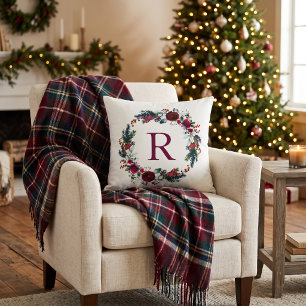 Holiday Floral Christmas Wreath Monogram Throw Pillow