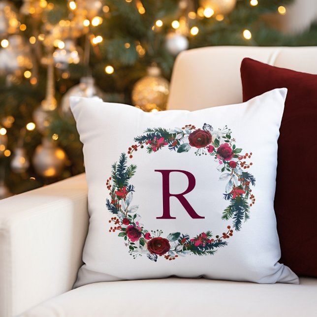 Holiday Floral Christmas Wreath Monogram Throw Pillow (Creator Uploaded)