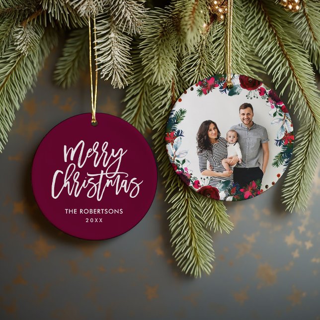 Holiday Floral Christmas Wreath Personalized Photo Ceramic Ornament (Creator Uploaded)