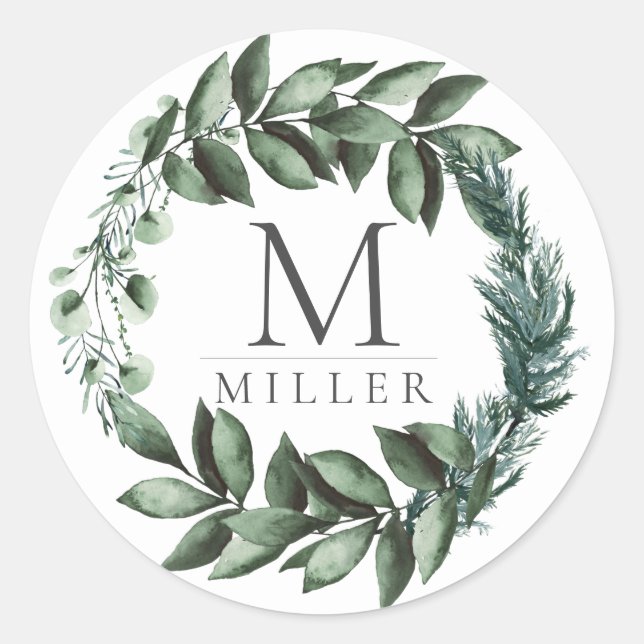 Holiday Floral Eucalyptus Initial Monogram Classic Round Sticker (Front)