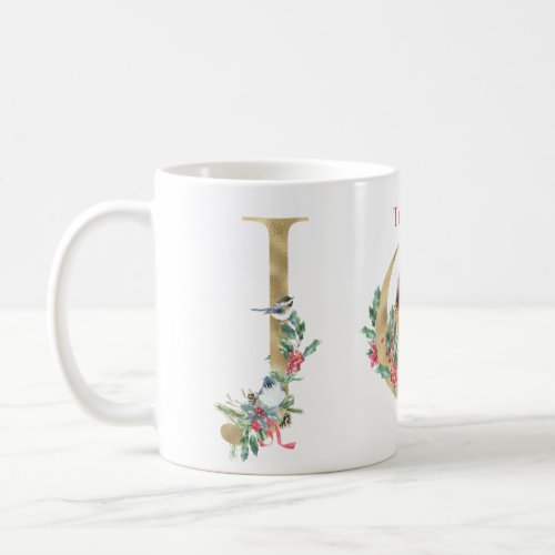 Holiday Floral JOY in Gold Tone Family Photo Name Coffee Mug