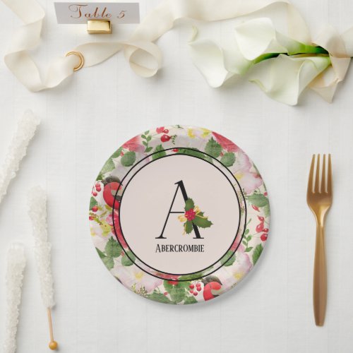 Holiday Floral Monogram Initial A  Paper Plate