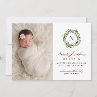 Holiday Floral Monogram Wreath | Baby Photo Birth Announcement