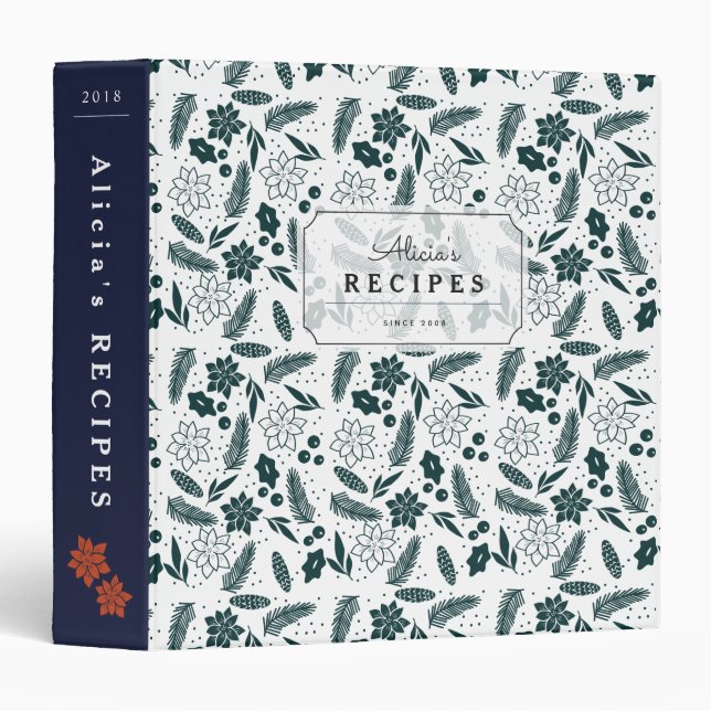 Holiday Floral Pattern Navy Recipe Binder Book (Front/Spine)