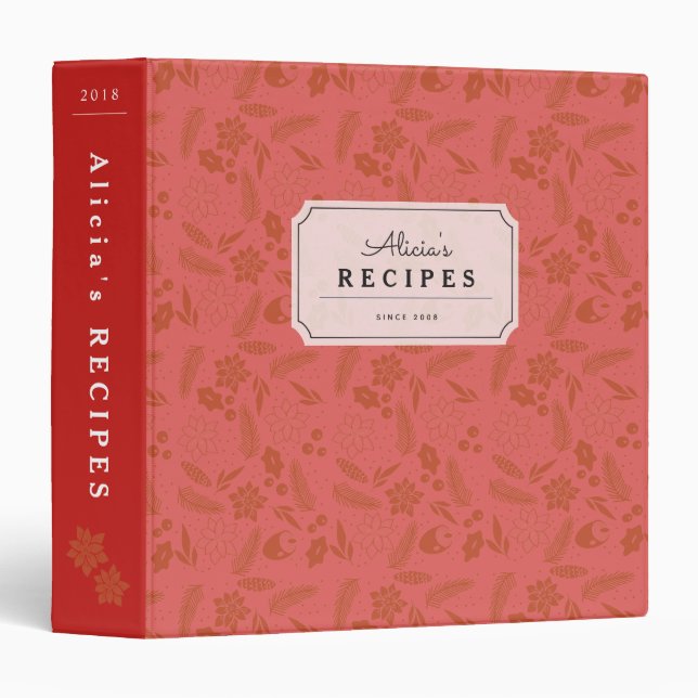 Holiday Floral Pattern Red Recipe Binder Book (Front/Spine)