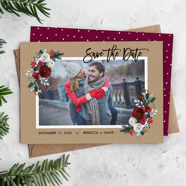 Holiday Floral Save the Date Photo Card (Creator Uploaded)