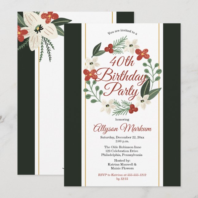 Holiday Floral Wreath 40th Birthday Party Invitation (Front/Back)