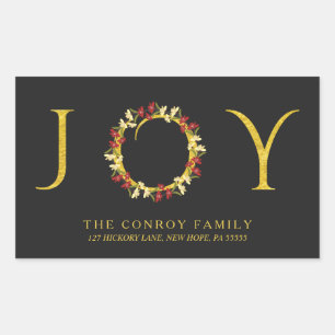Holiday Floral Wreath Black & Gold Return Address Rectangular Sticker