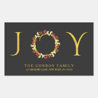 Holiday Floral Wreath Black & Gold Return Address Rectangular Sticker