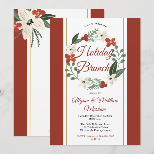 Holiday Floral Wreath Christmas Holiday Brunch Invitation (Front/Back)
