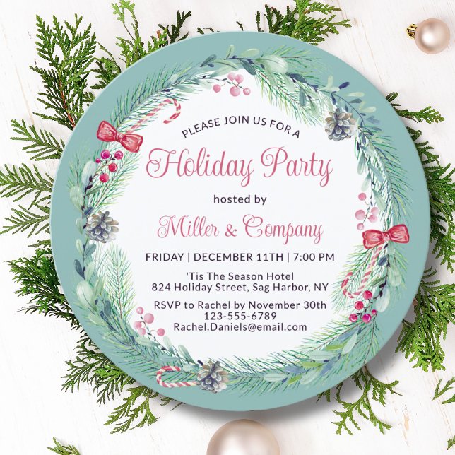 Holiday Floral Wreath Corporate Christmas Party Invitation (Creator Uploaded)