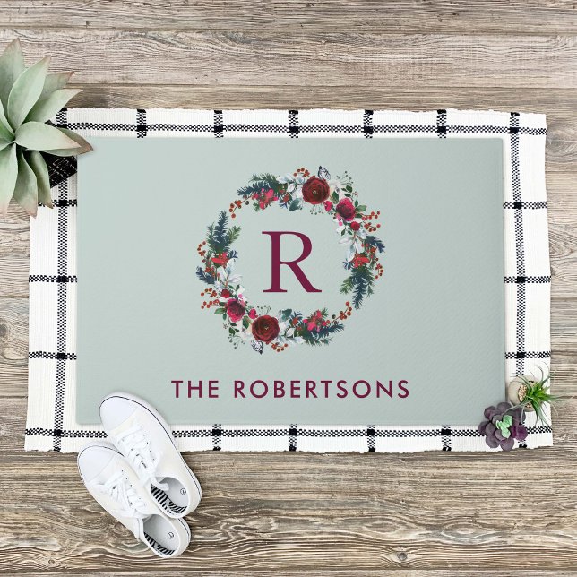 Holiday Floral Wreath Monogram Personalized Doormat (Creator Uploaded)