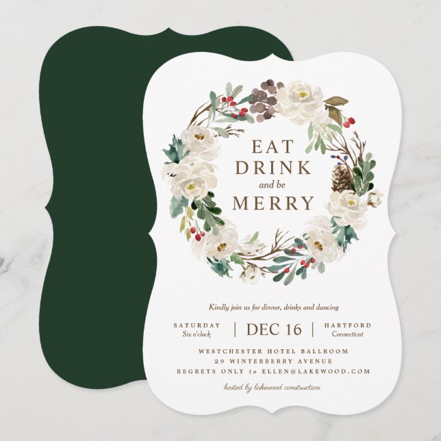 Holiday Floral Wreath Party Invitation (Front/Back)