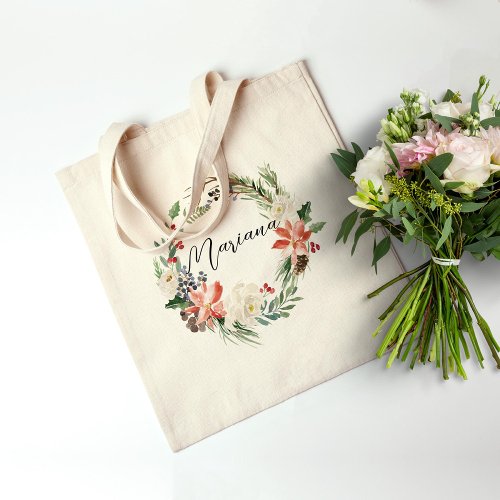 Holiday Floral Wreath Personalized Bridesmaid Tote Bag