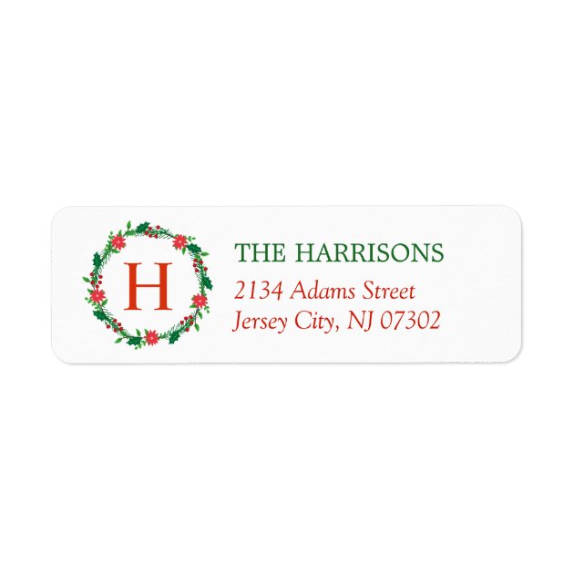 Holiday Floral Wreath Simple Elegant Green Red Label