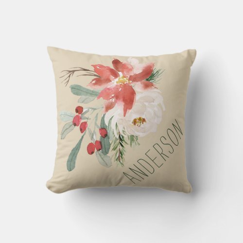 Holiday Flowers with Name Throw Pillow