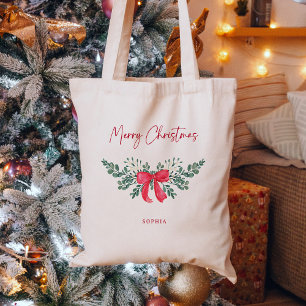 Holiday Foliage and Red Bow Merry Christmas Tote Bag