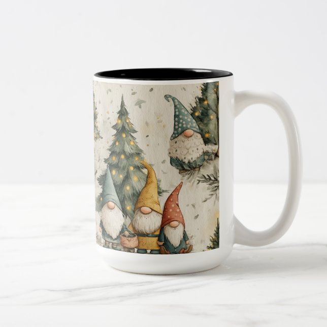 Holiday Forest Gnomes With Lit Christmas Tree Two-Tone Coffee Mug (Right)