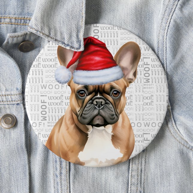 Holiday Frenchie Santa Dog on Woof Background Button (In Situ)