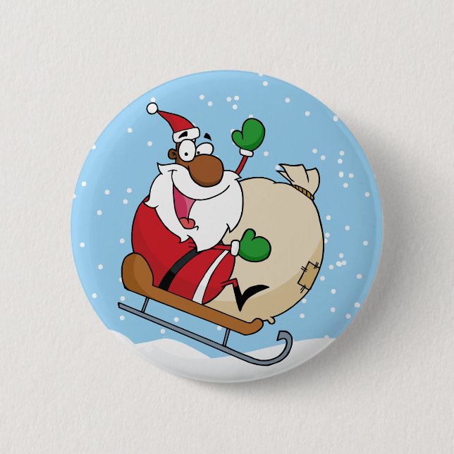 Holiday Fun Black Santa Claus Riding Sled Button (Front)