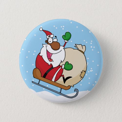 Holiday Fun Black Santa Claus Riding Sled Button