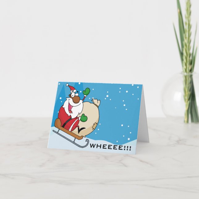 Holiday Fun Black Santa Claus Riding Sled Card (Front)