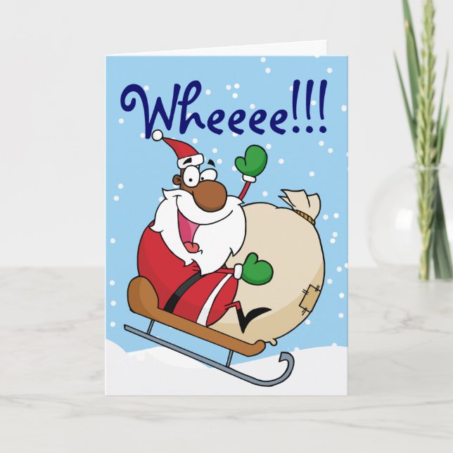 Holiday Fun Black Santa Claus Riding Sled Card (Front)