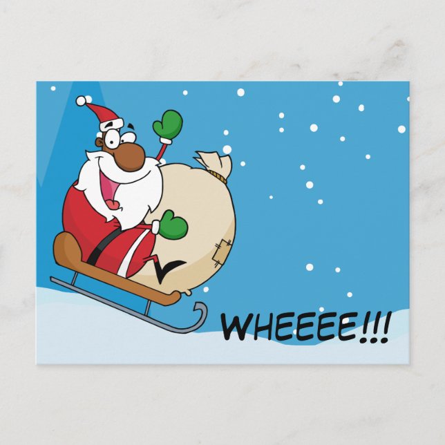 Holiday Fun Black Santa Claus Riding Sled Postcard (Front)