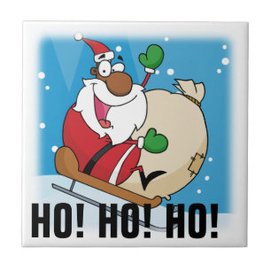 Holiday Fun Black Santa Claus Riding Sled Tile