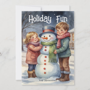 Holiday Fun Kids Building Snowman Christmas Card