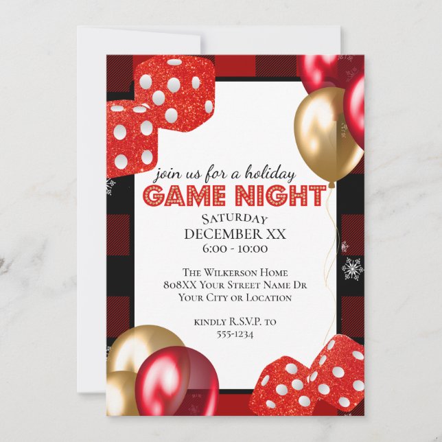 Holiday Game Night Dice on Red Flannel Invitation (Front)