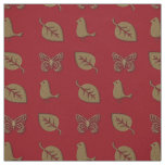 Holiday Garden Golden Leaf Butterfly Bird Red Fabric