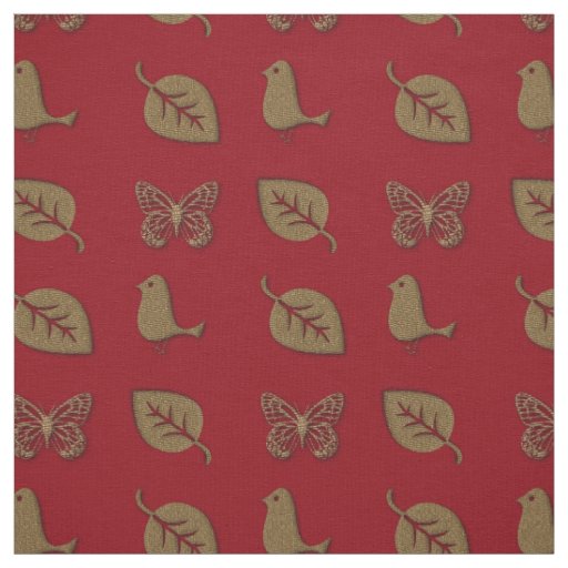 Holiday Garden Golden Leaf Butterfly Bird Red Fabric