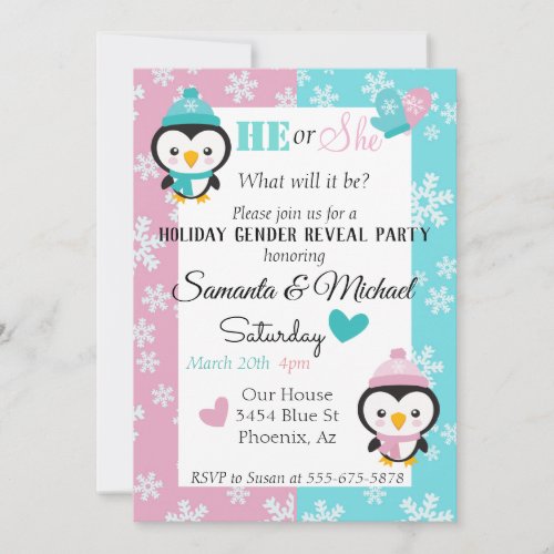 Holiday Gender Baby Reveal Party Penguin Snowflake Invitation