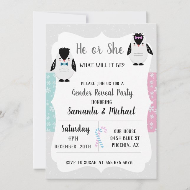 Holiday Gender Baby Reveal Party Penguin Snowflake Invitation (Front)