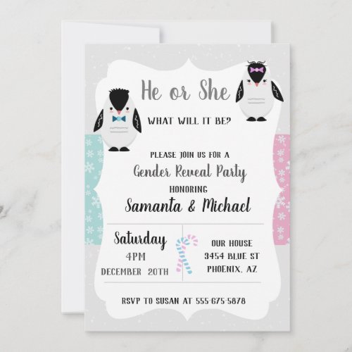 Holiday Gender Baby Reveal Party Penguin Snowflake Invitation