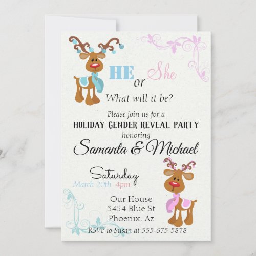 Holiday Gender Baby Reveal Party Reindeer Invitation