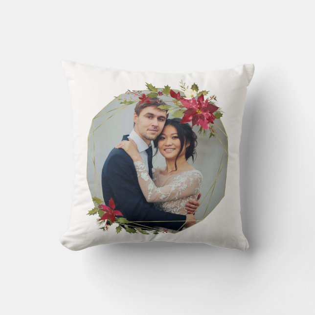 Holiday Geometric Wreath Monogram Holiday Photo Throw Pillow (Front)