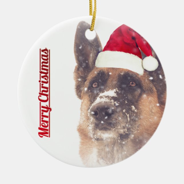 Holiday German Shepherd Photo Ceramic Ornament (Front)