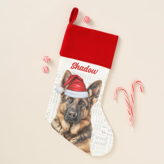 Holiday German Shepherd with Dog's Name Christmas Stocking (Front)