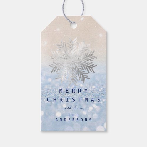 Holiday Gift  Blue Snow Flakes Silver Blue Glitter Gift Tags