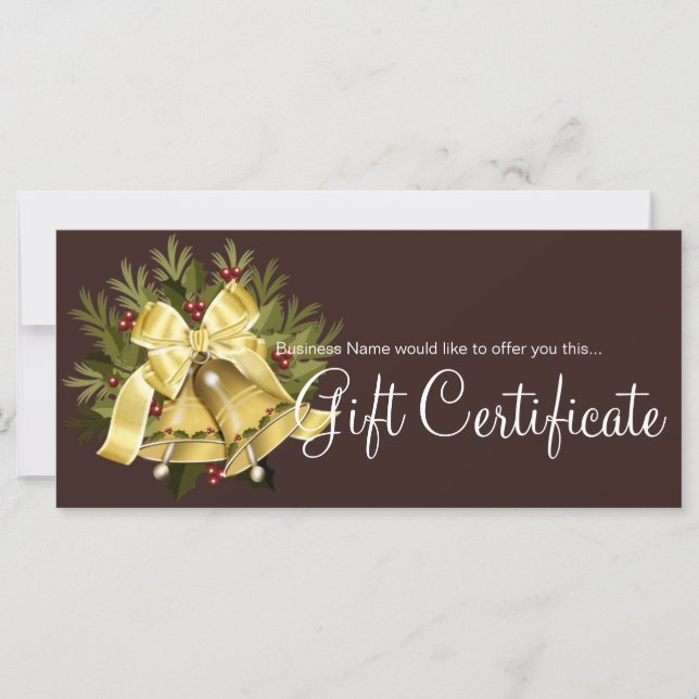Holiday Gift Certificate Deep Gold Christmas Bells (Front)