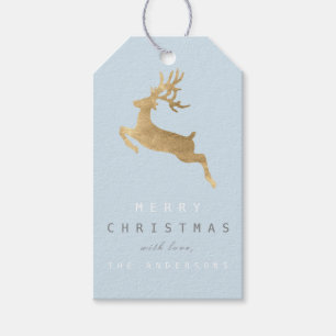 Holiday Gift Tag Blue Pastel Gold Reindeer