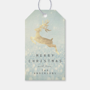 Holiday Gift Tag Gray Glitter Blue Snow Reindeer