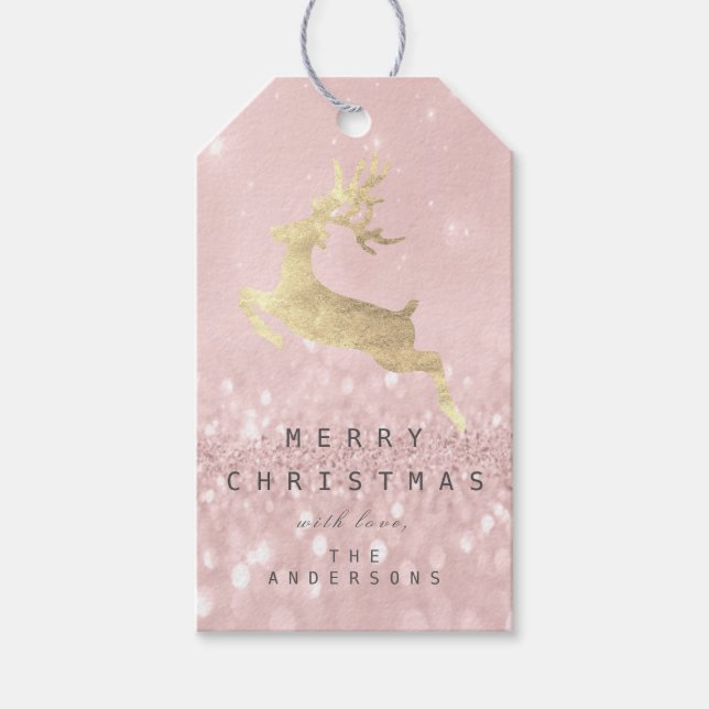 Holiday Gift Tag Gray Glitter Pink Gold Reindeer (Front)