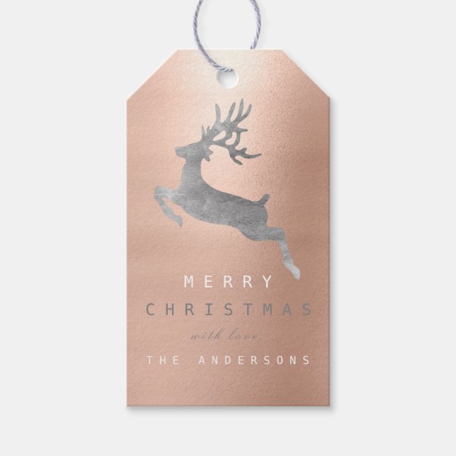 Holiday Gift Tag Gray Pink Rose Gold Reindeer (Front)